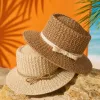 Beige woven straw hat with a light-colored bow ribbon Specification image